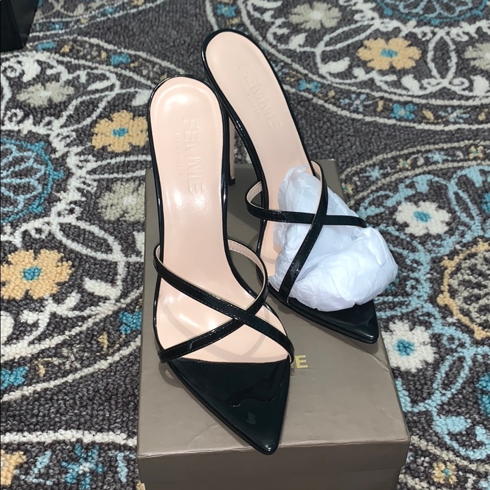 FEMMELA Black patent vegan leather mule.